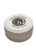 Vorderansicht der Gobarhuf Hufpaste im 220g Tiegel mit den Hauptinhaltsstoffen Oreganoöl, Propolis und Kaolin.